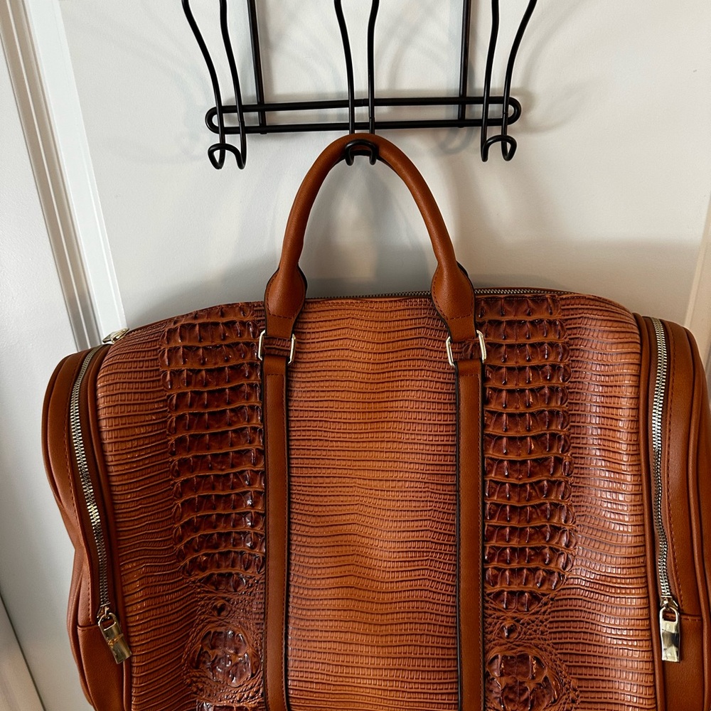 Brown Croc-Embossed Weekender Duffle Bag | Faux Leather Travel Bag - Picture 2 of 10